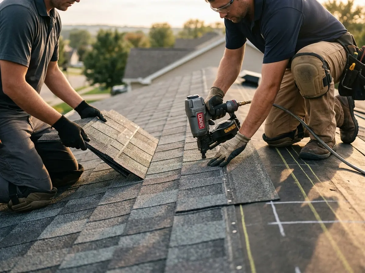 Professional roofer working on a residential roof in Pike Creek Valley